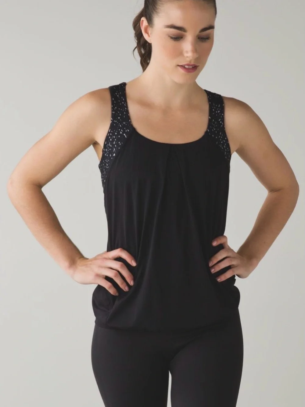 lululemon athletica Black Active Top with Light Pink Speckle Print